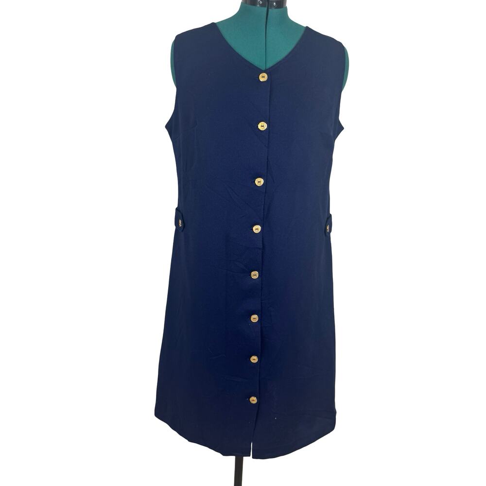 Vintage 80s Navy Blue Button Down Smock Dress XL Artist Jumper Retro Chore